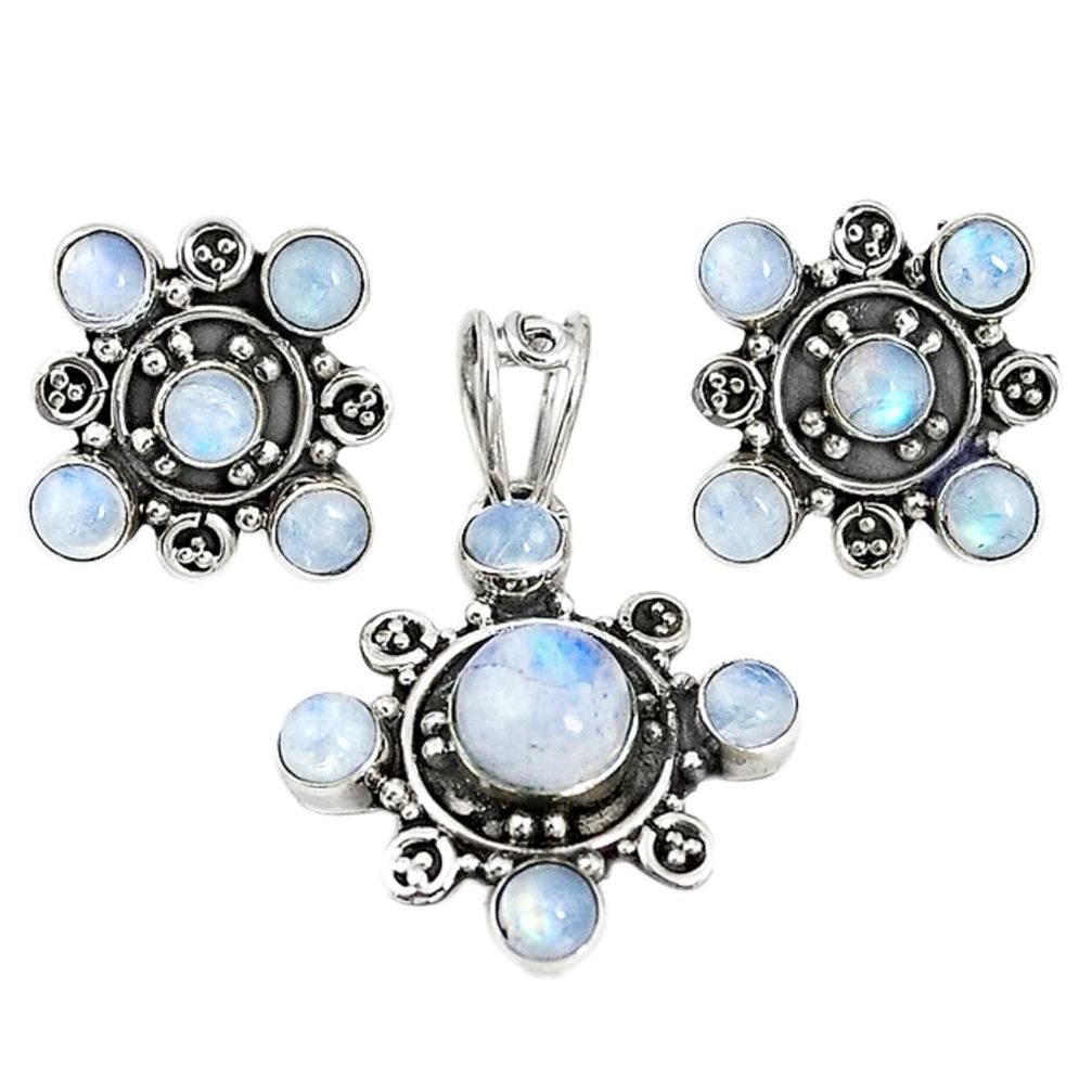 Natural rainbow moonstone 925 silver pendant earrings set m17442