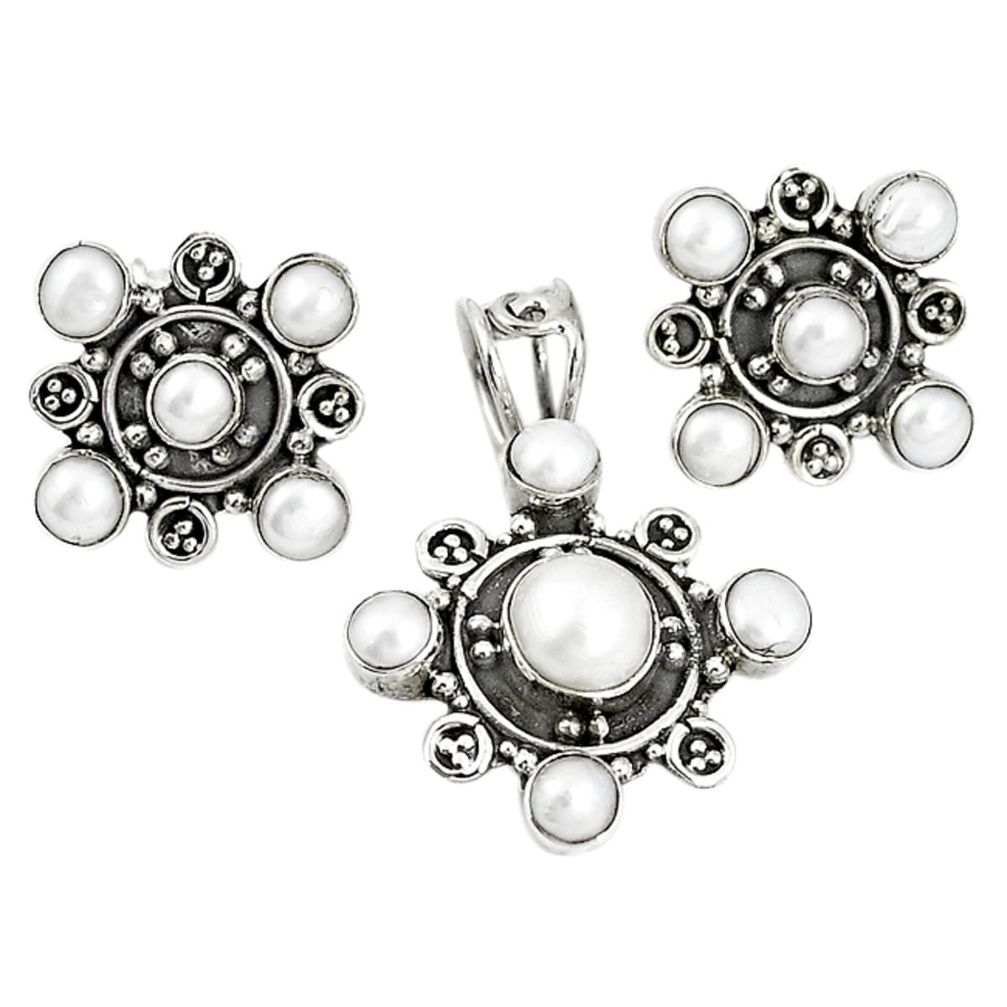 Natural white pearl 925 sterling silver pendant earrings set m17452