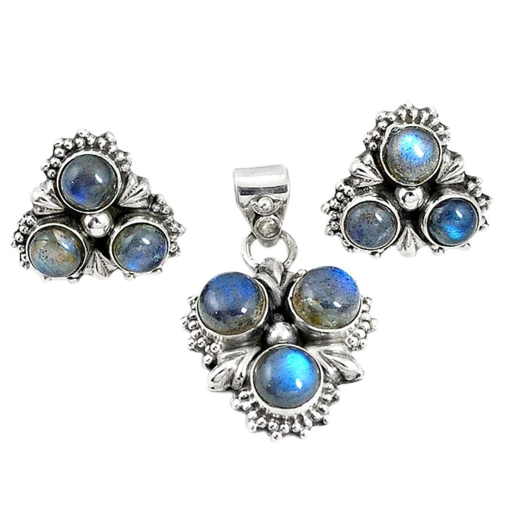 925 silver natural blue labradorite round pendant earrings set m17464