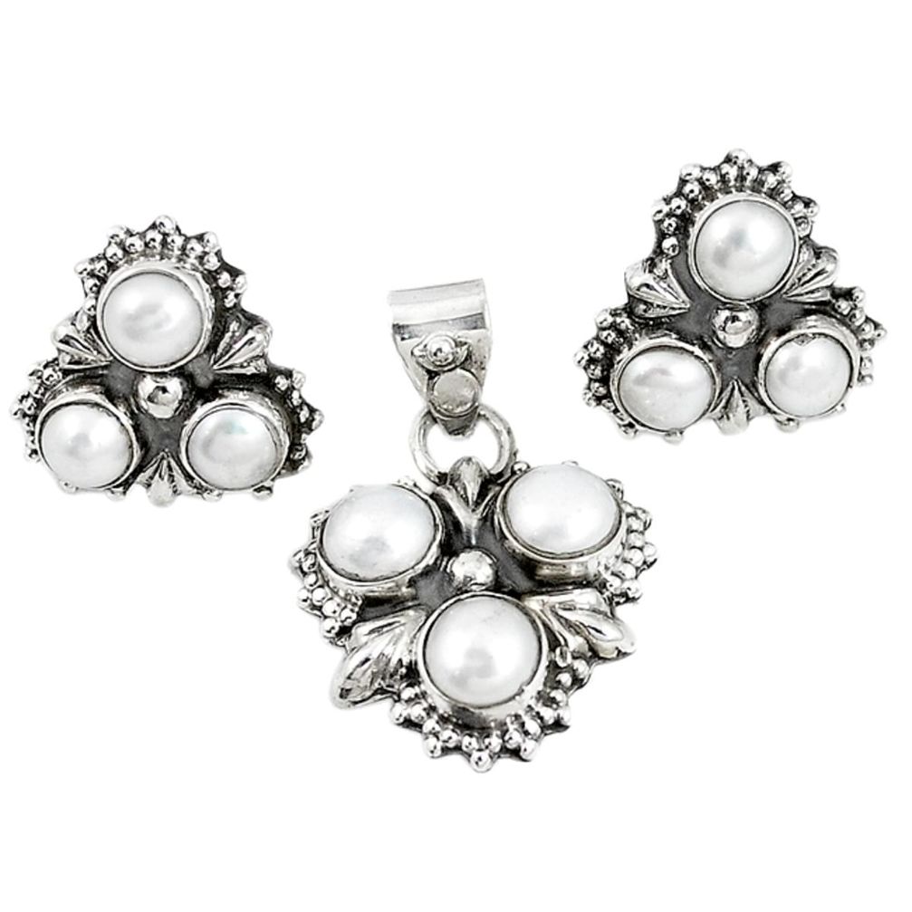 Natural white pearl 925 sterling silver pendant earrings set m17469