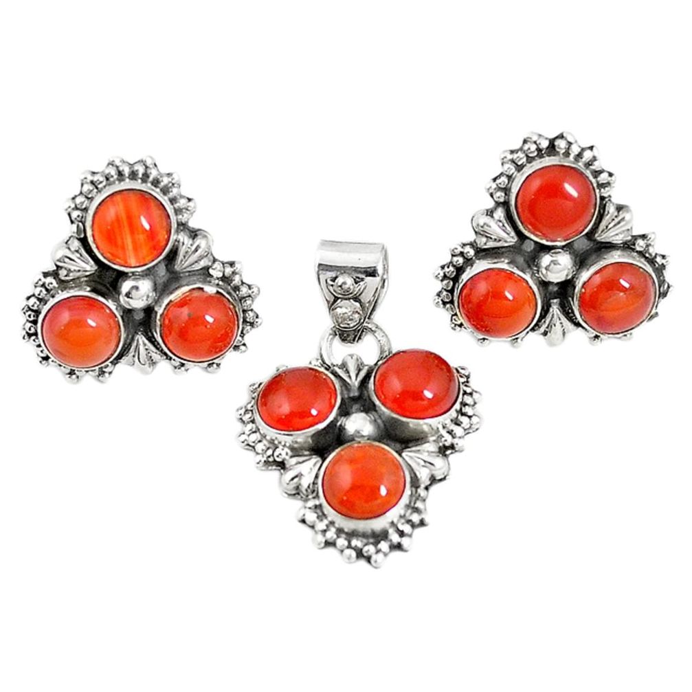 Natural orange cornelian (carnelian) 925 silver pendant earrings set m17474