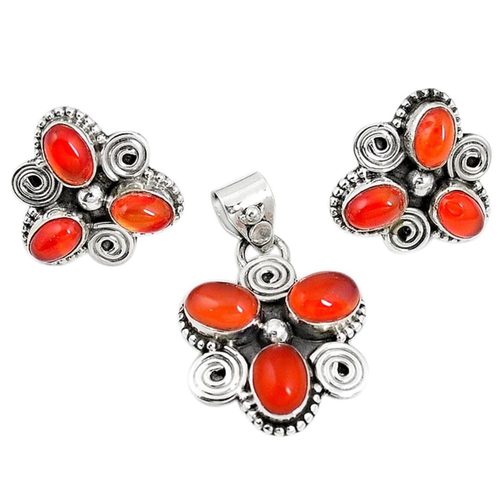 Natural orange cornelian (carnelian) 925 silver pendant earrings set m17499