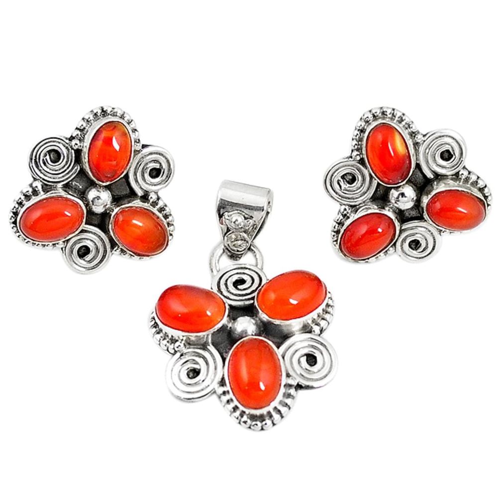 925 silver natural orange cornelian (carnelian) pendant earrings set m17500