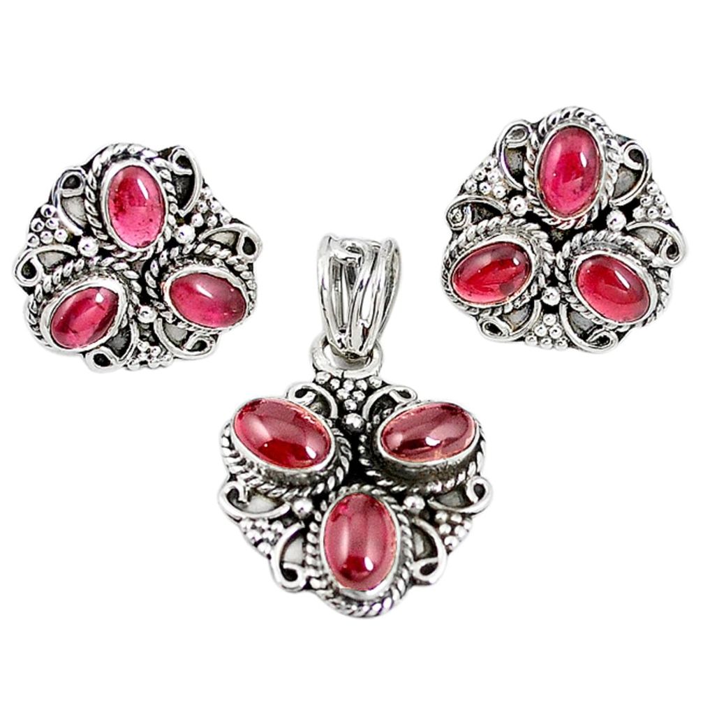 Natural red garnet 925 sterling silver pendant earrings set m17516