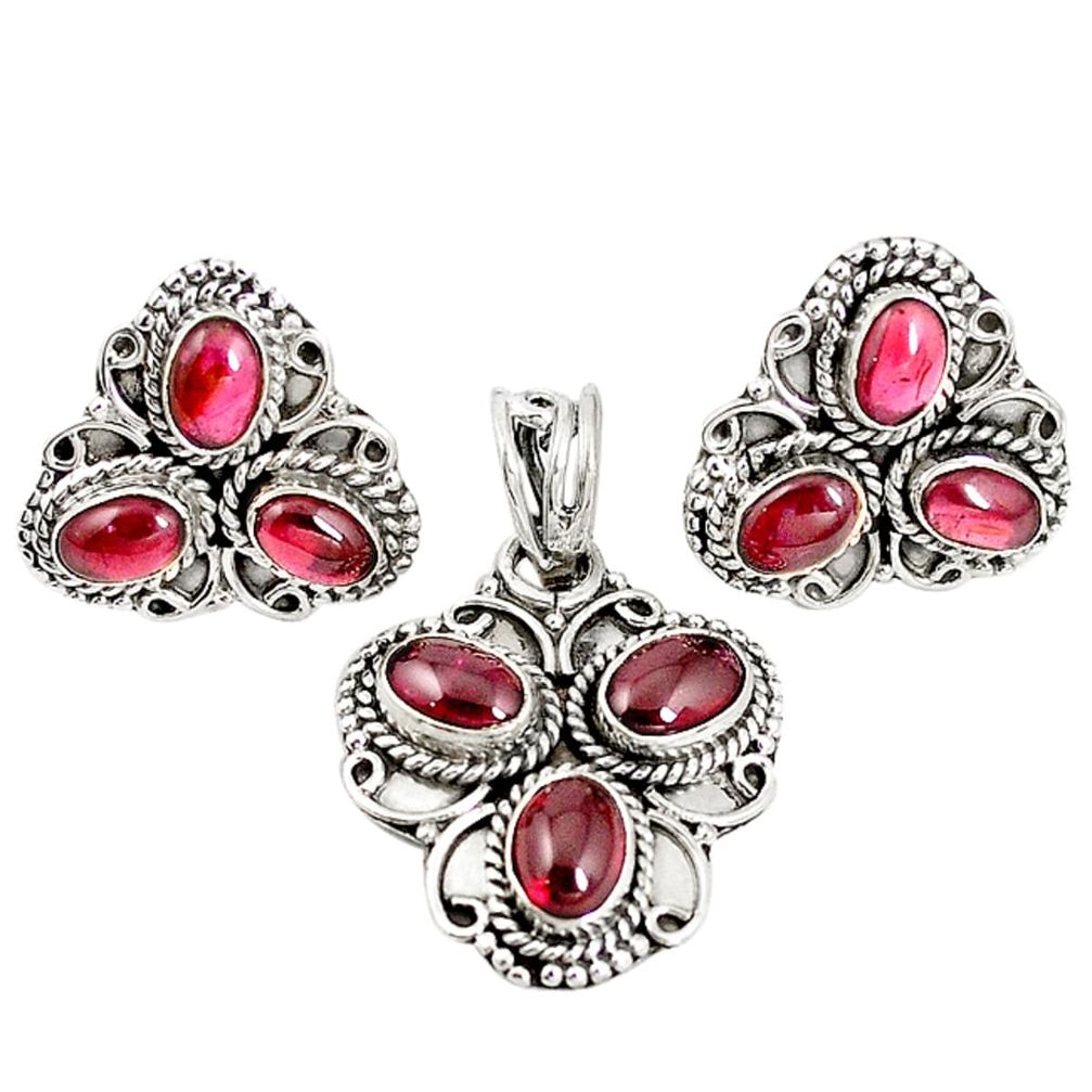 Natural red garnet 925 sterling silver pendant earrings set m17525