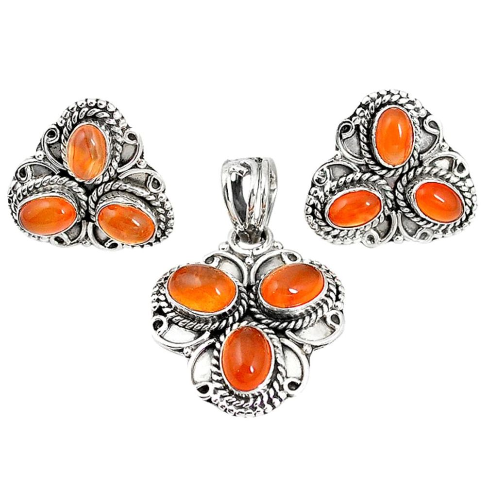 Natural orange cornelian (carnelian) 925 silver pendant earrings set m17532