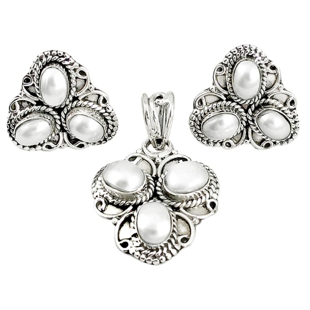 Clearance Sale-Natural white pearl 925 sterling silver pendant earrings set m17538