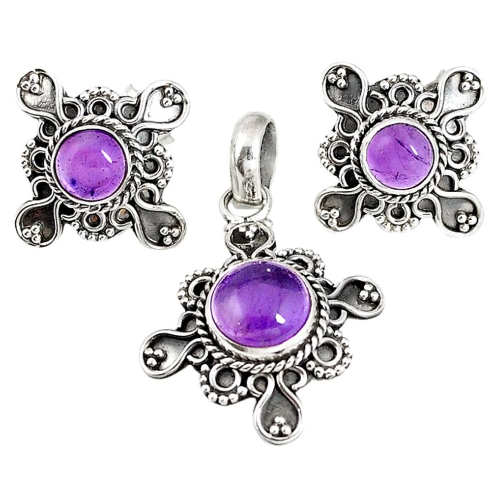 Natural purple amethyst round 925 silver pendant earrings set jewelry m17581