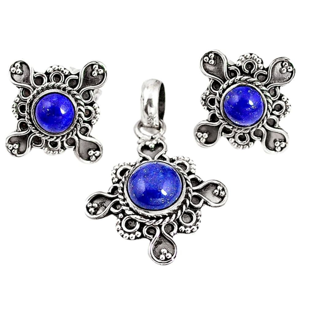 Natural blue lapis lazuli round 925 silver pendant earrings set jewelry m17593
