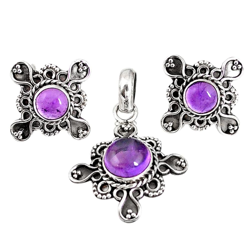 925 silver natural purple amethyst round pendant earrings set jewelry m17598