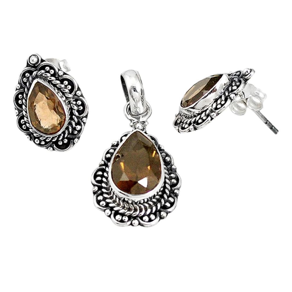 Brown smoky topaz 925 sterling silver pendant earrings set jewelry m17608