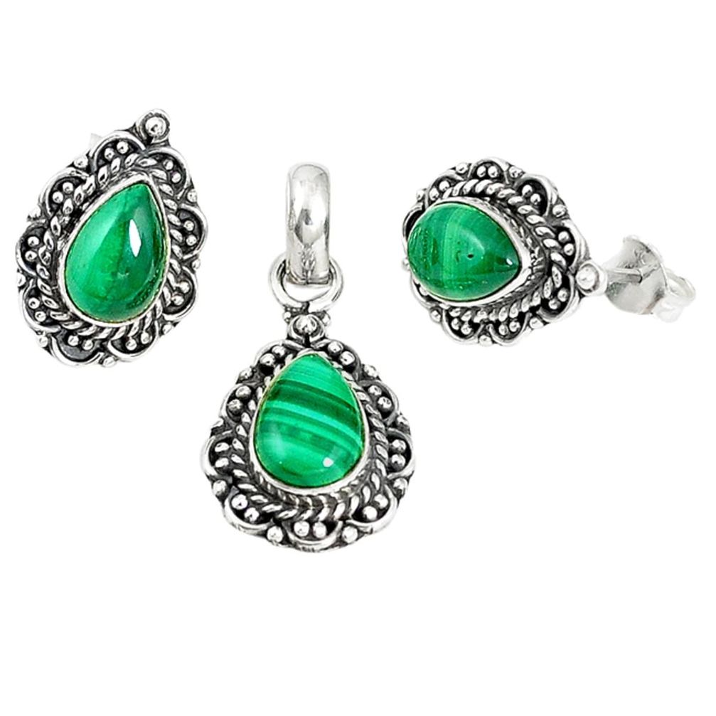 Natural green malachite (pilot's stone) 925 silver pendant earrings set m17609