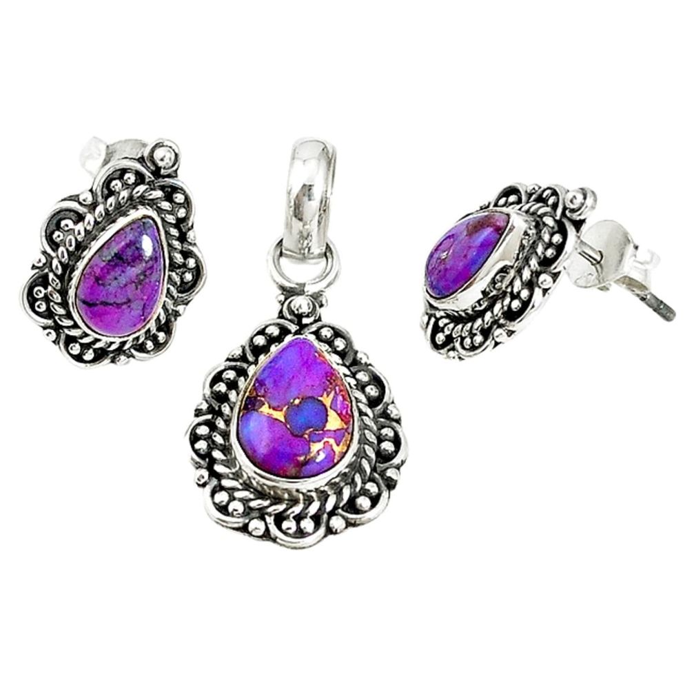 Purple copper turquoise 925 sterling silver pendant earrings set jewelry m17617