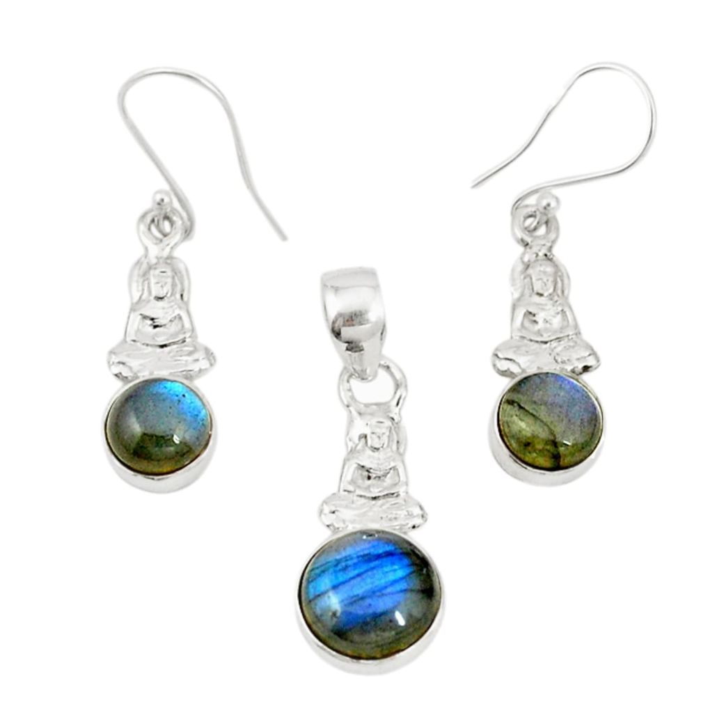 Natural blue labradorite round 925 silver pendant earrings set m19606