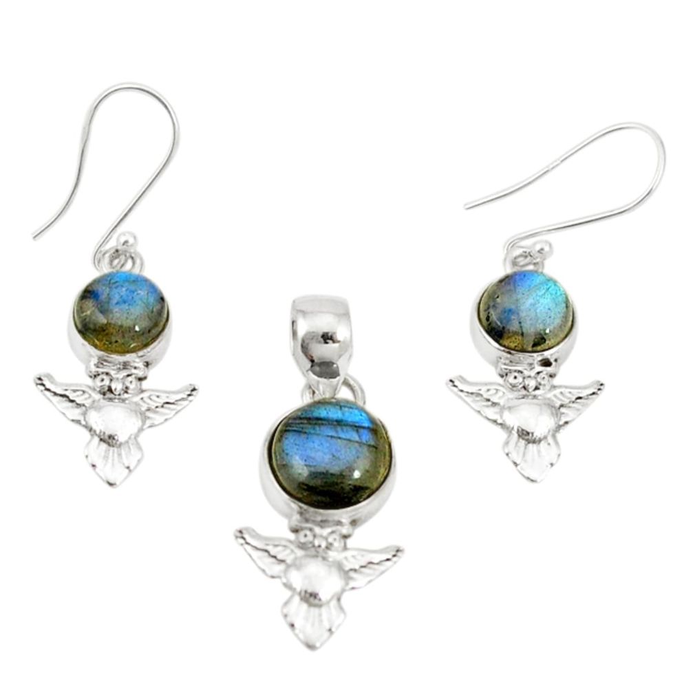 Natural blue labradorite round 925 silver pendant earrings set m19607