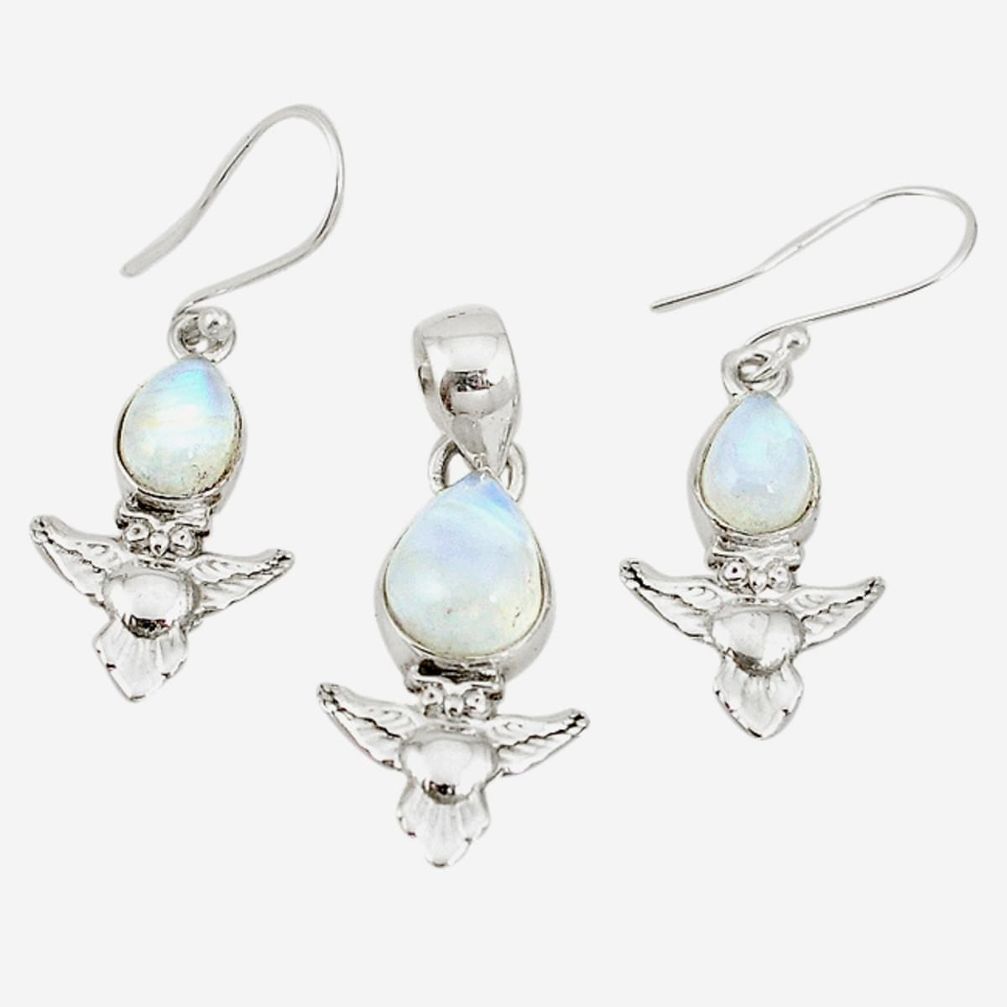 Natural rainbow moonstone 925 silver pendant earrings set jewelry m19622