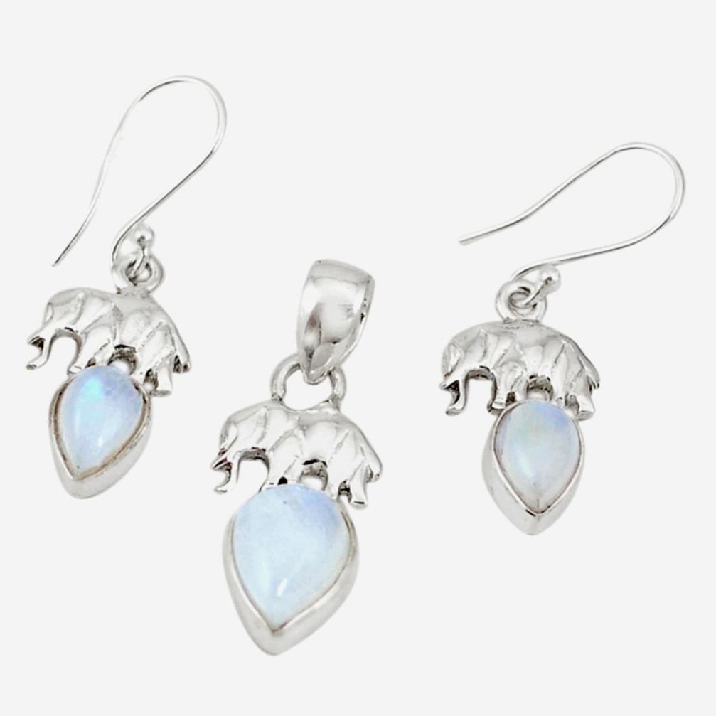 Natural rainbow moonstone 925 sterling silver pendant earrings set m19627