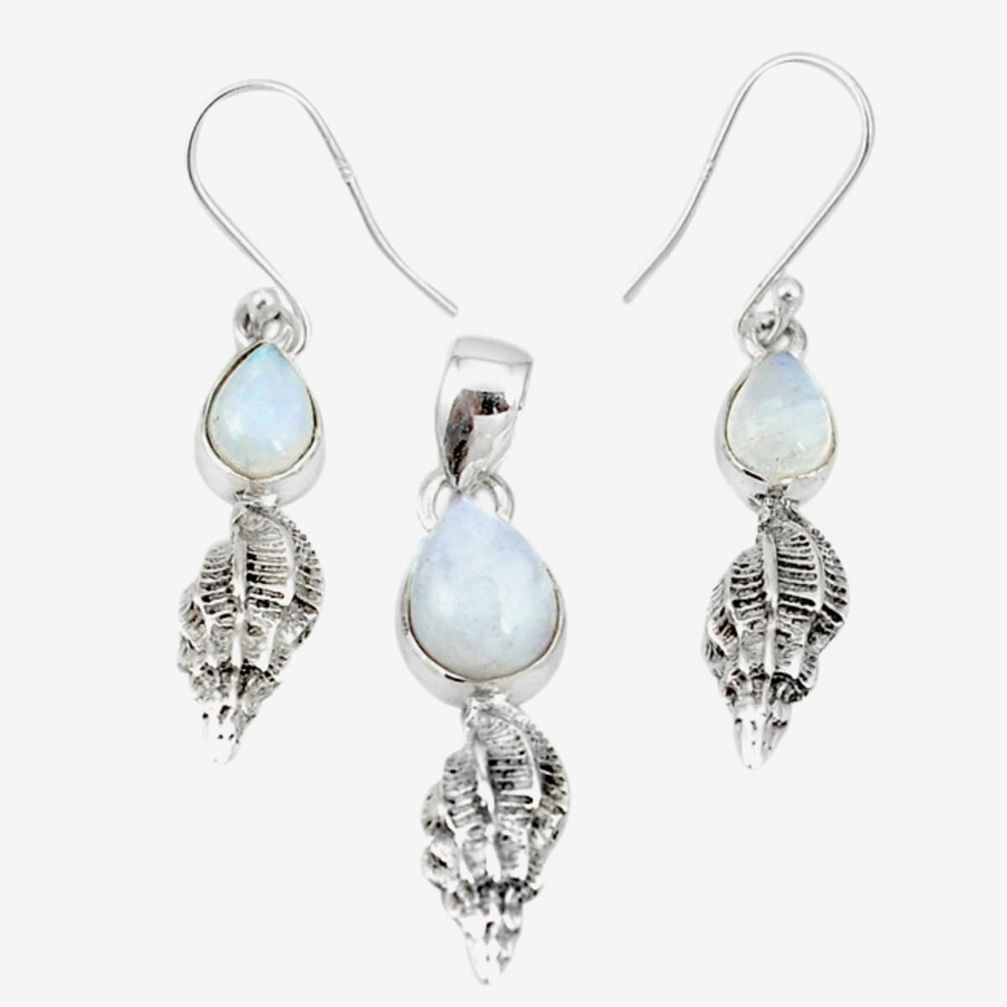 Natural rainbow moonstone 925 sterling silver pendant earrings set m19631