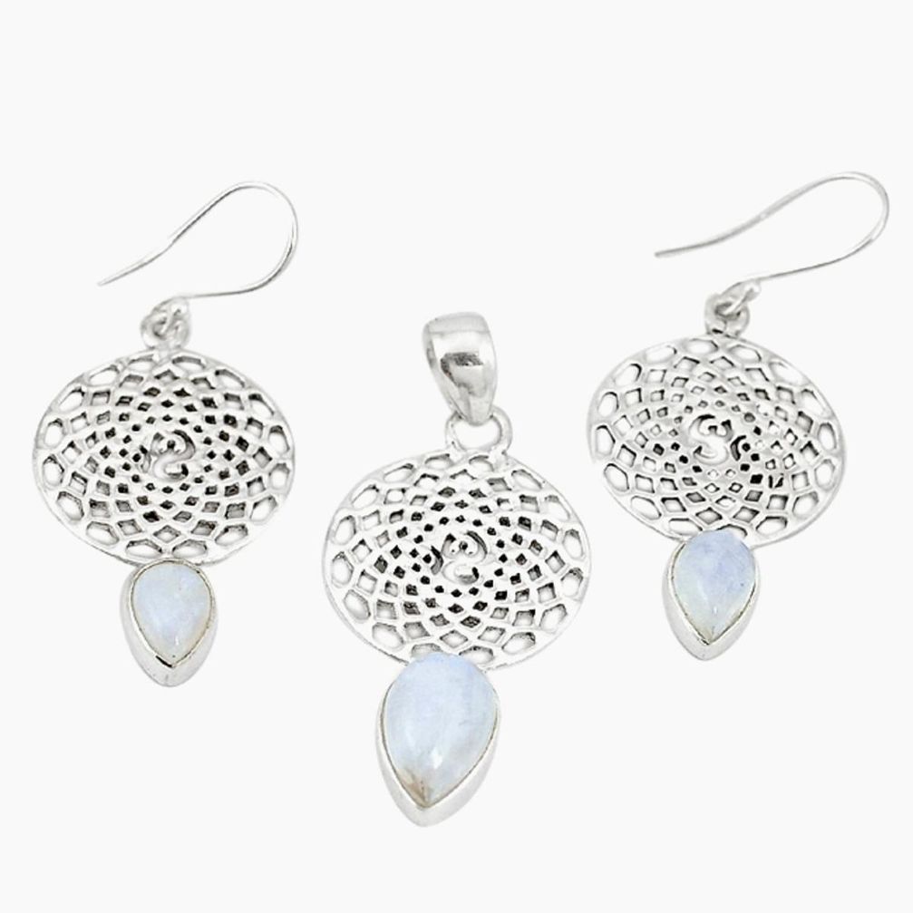 Natural rainbow moonstone 925 silver pendant earrings set jewelry m19635