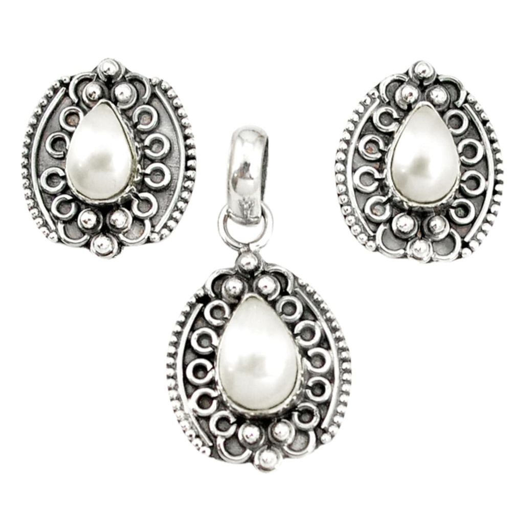 Natural white pearl 925 sterling silver pendant earrings set jewelry m19650