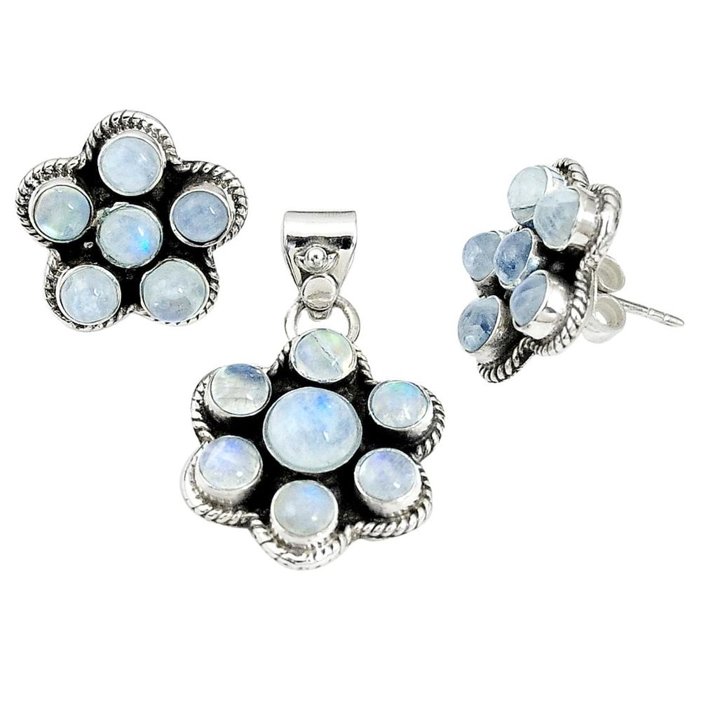 Natural rainbow moonstone 925 silver pendant earrings set jewelry m24271