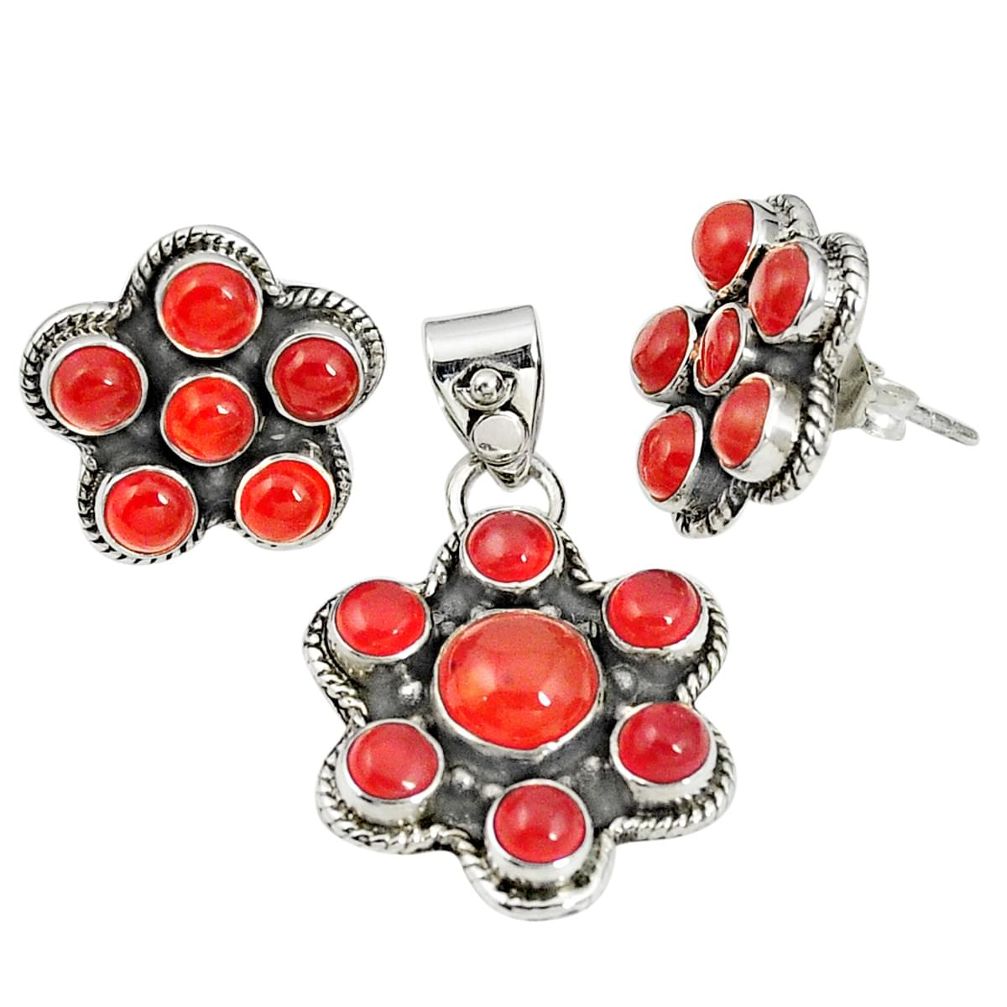 Natural orange cornelian (carnelian) 925 silver pendant earrings set m24280