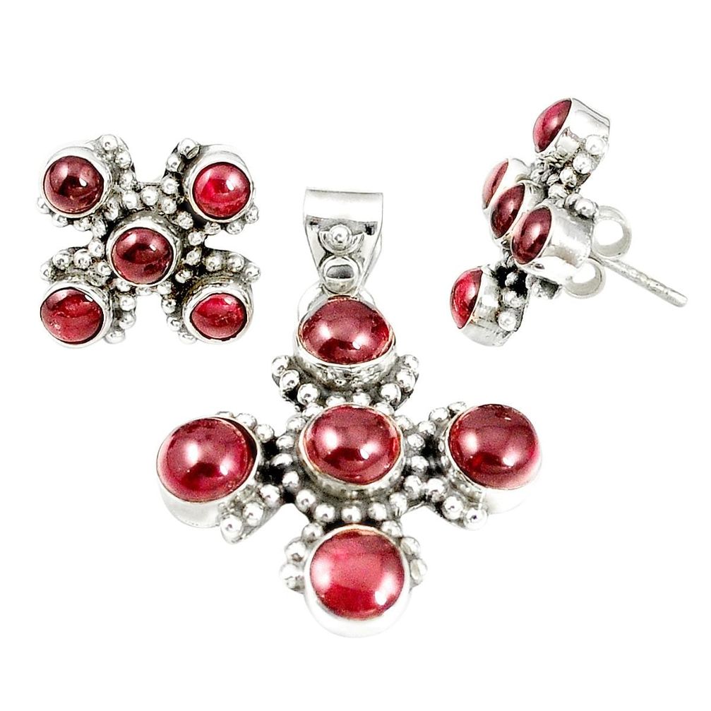 Natural red garnet 925 sterling silver pendant earrings set m24292
