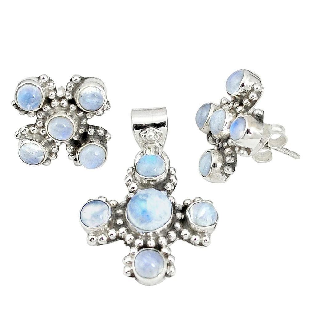 Natural rainbow moonstone 925 sterling silver pendant earrings set m24295