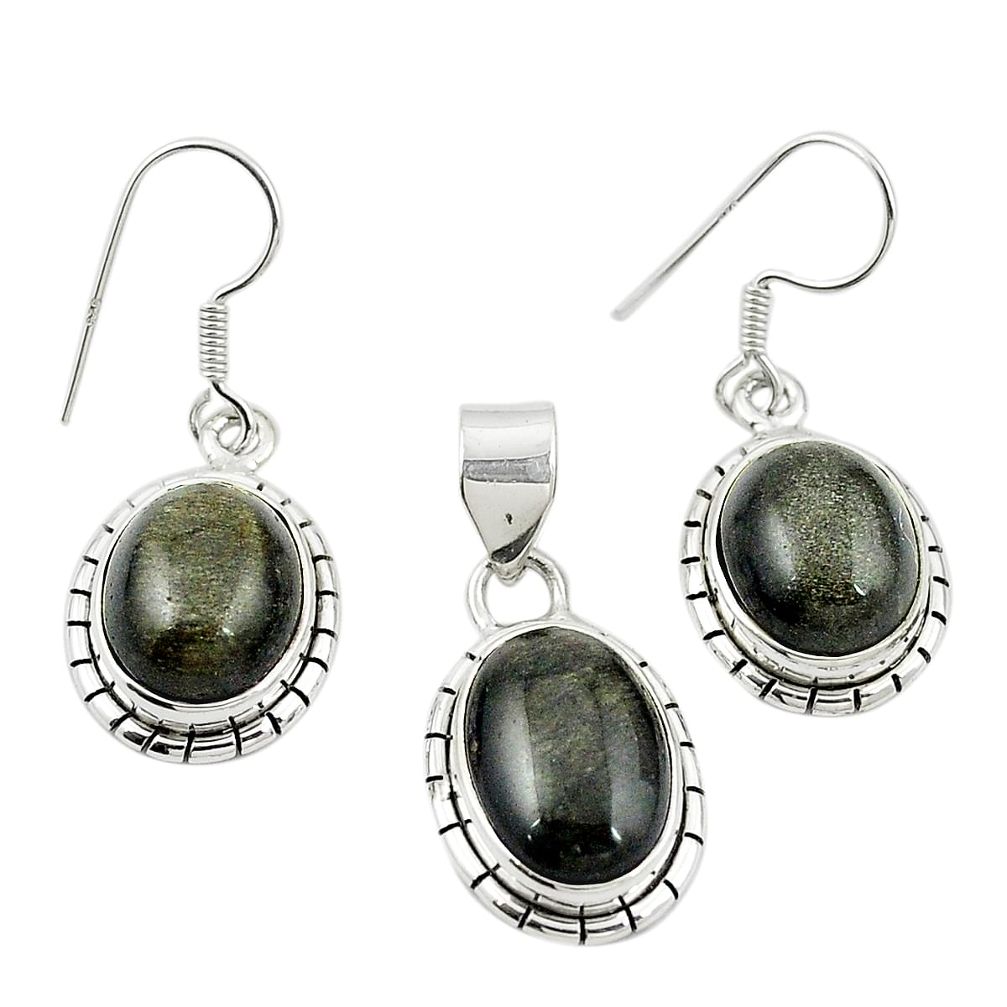 Natural golden sheen black obsidian 925 silver pendant earrings set m25456