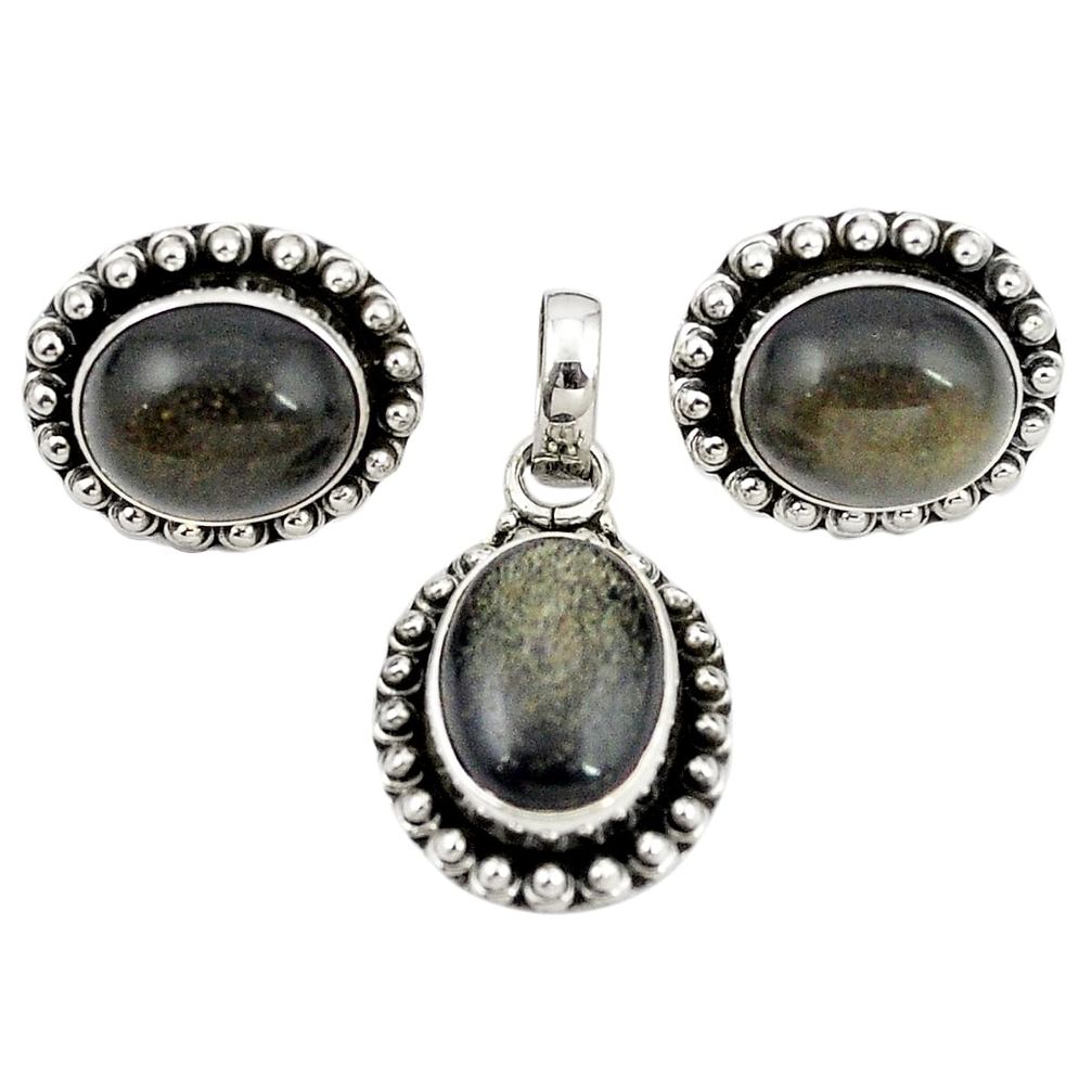 925 silver natural golden sheen black obsidian pendant earrings set m25484