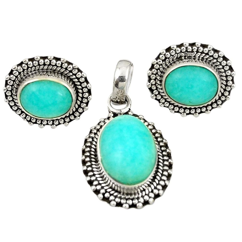 Natural green peruvian amazonite 925 silver pendant earrings set m25486