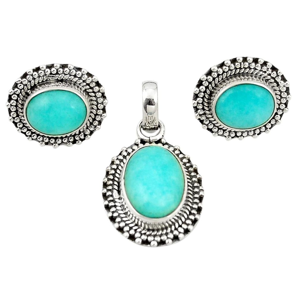 Natural green peruvian amazonite 925 silver pendant earrings set m25491