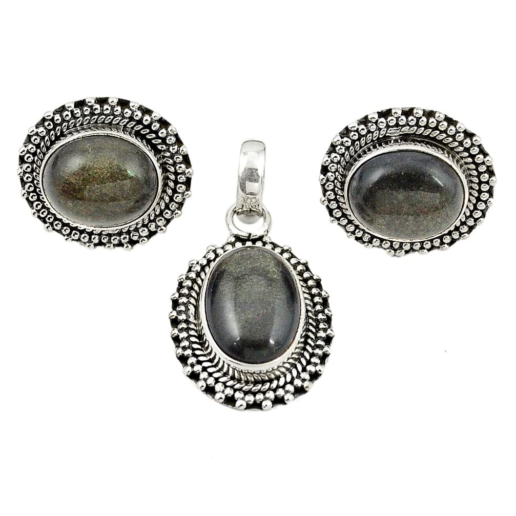 925 silver natural golden sheen black obsidian oval pendant earrings set m25499
