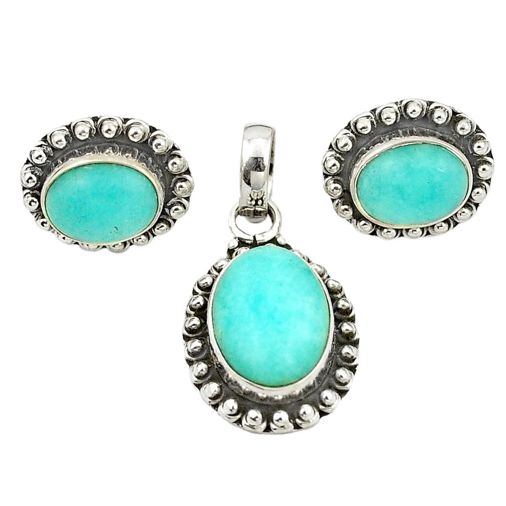 Natural green peruvian amazonite 925 silver pendant earrings set m25500