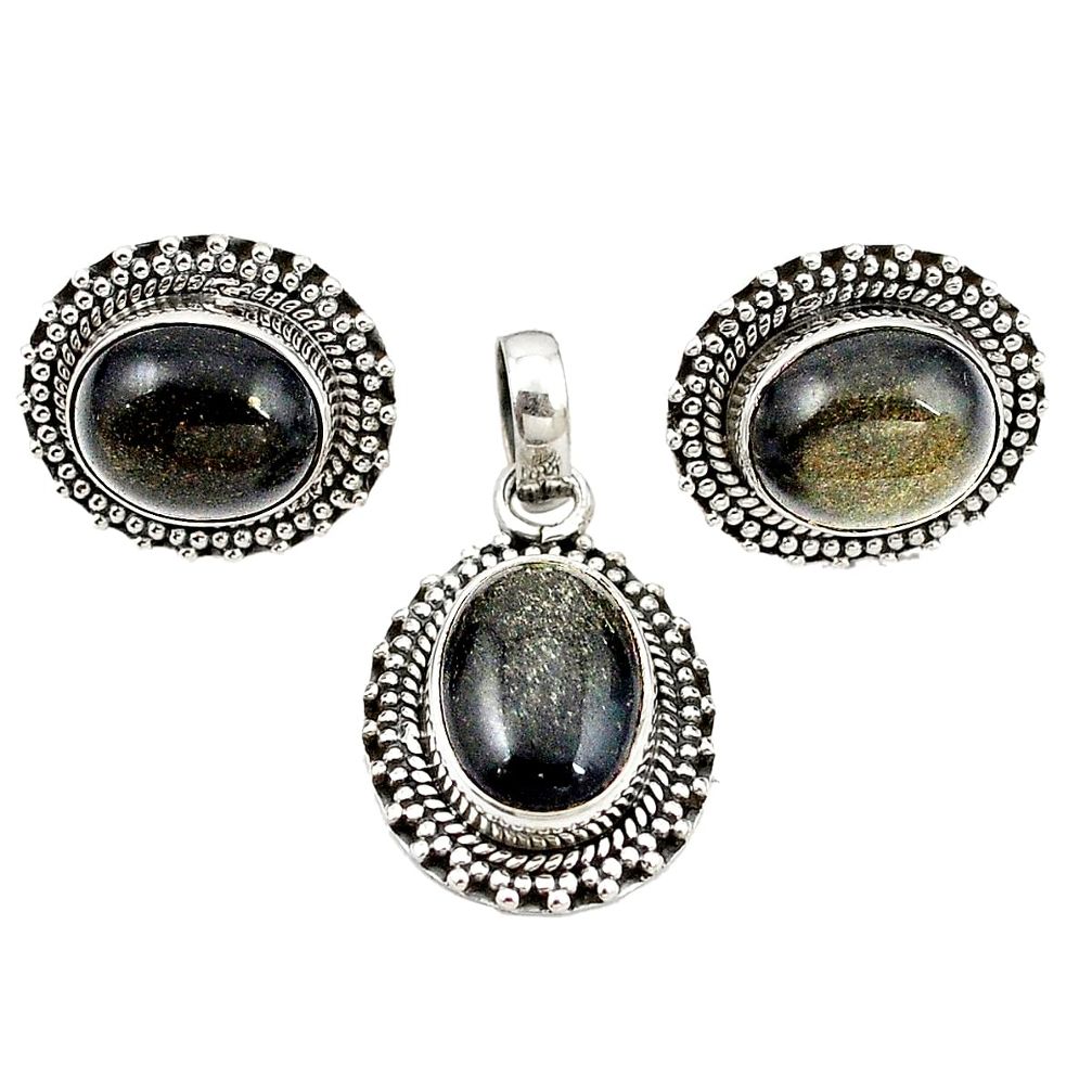 Natural golden sheen black obsidian 925 silver pendant earrings set m25514
