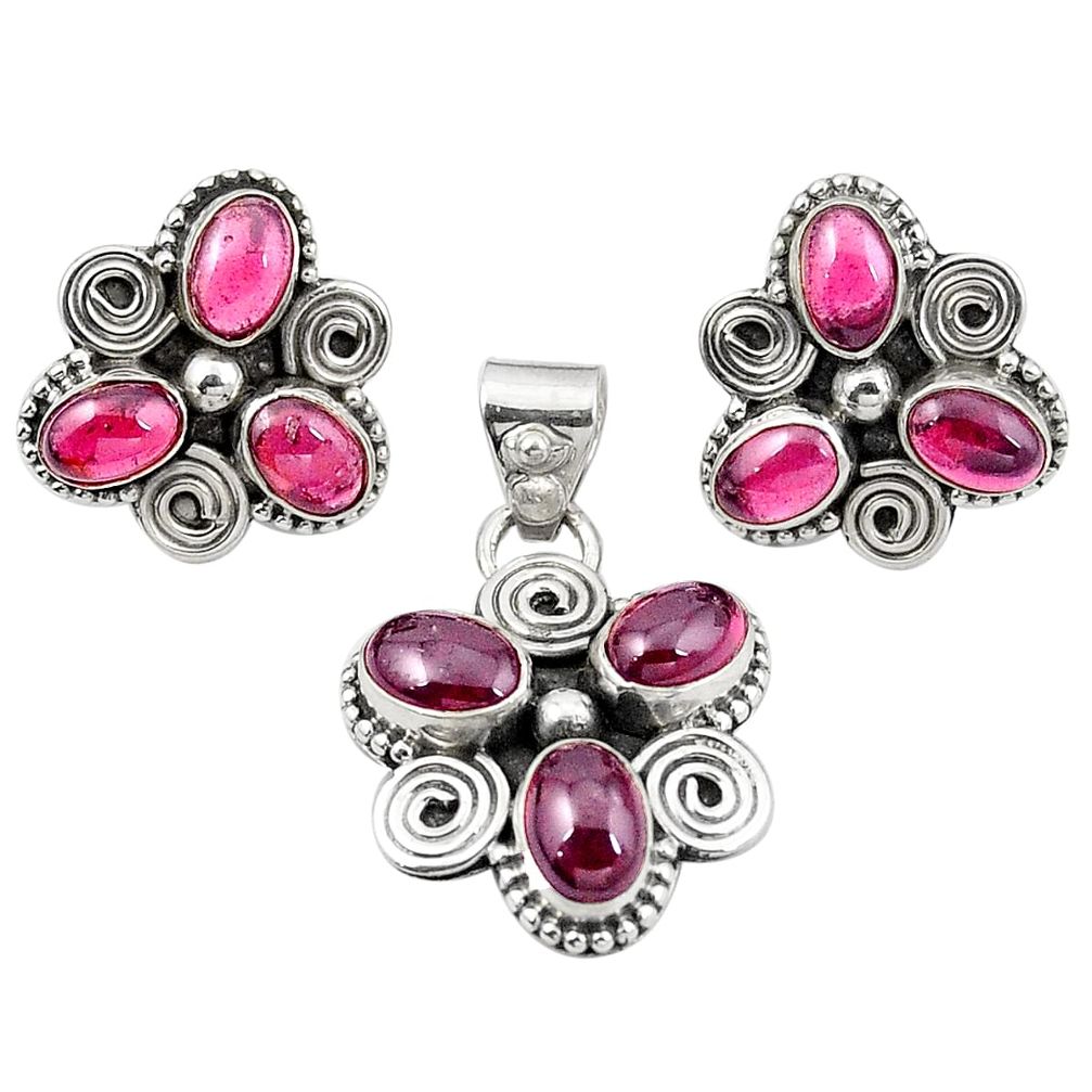 Natural red garnet oval 925 sterling silver pendant earrings set m25521
