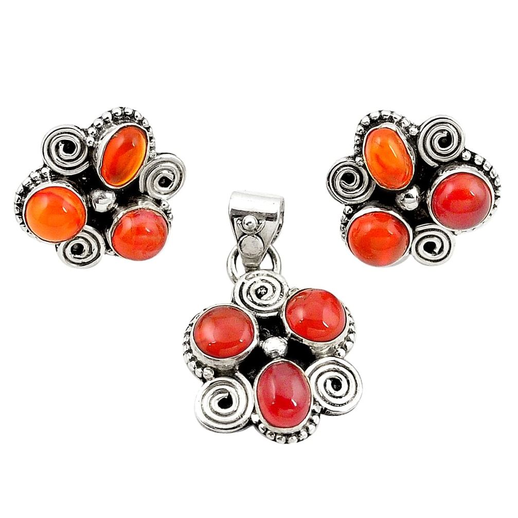 Natural orange cornelian (carnelian) 925 silver pendant earrings set m25541