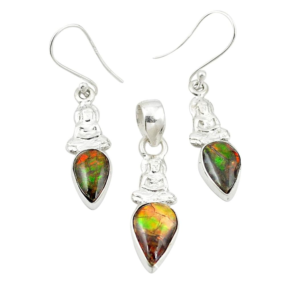 Natural multi color ammolite (canadian) 925 silver pendant earrings set m25606