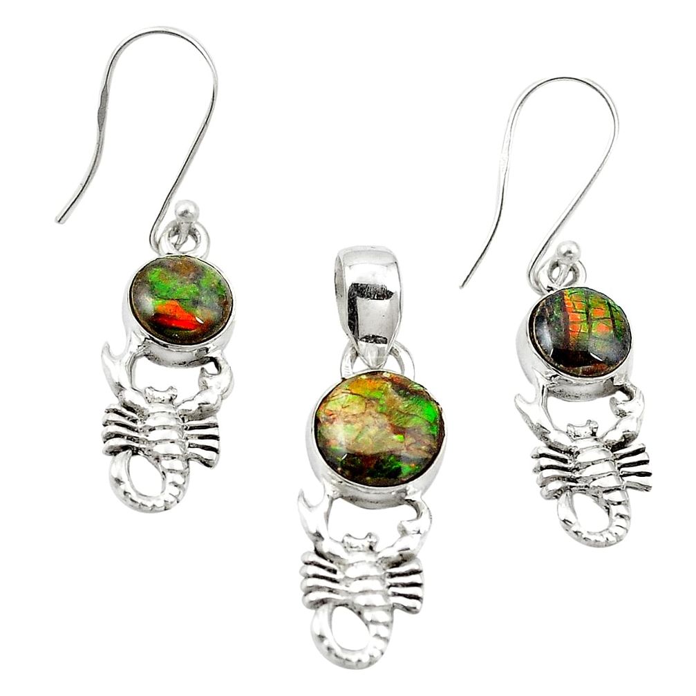 Natural multi color ammolite (canadian) 925 silver pendant earrings set m25617