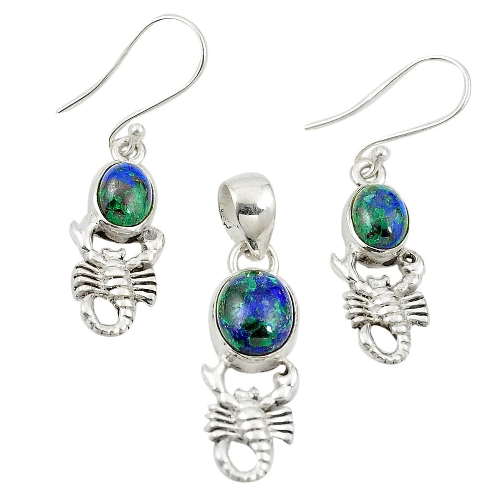 Natural green azurite malachite 925 silver scorpion pendant earrings set m25623