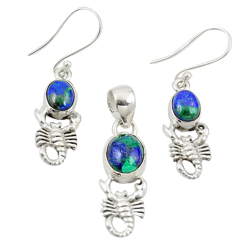 Natural green azurite malachite 925 silver scorpion pendant earrings set m25627