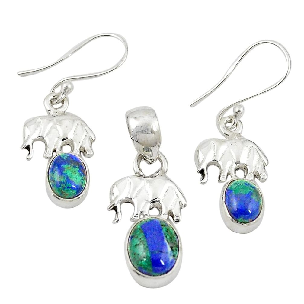 Natural green azurite malachite 925 silver elephant pendant earrings set m25632