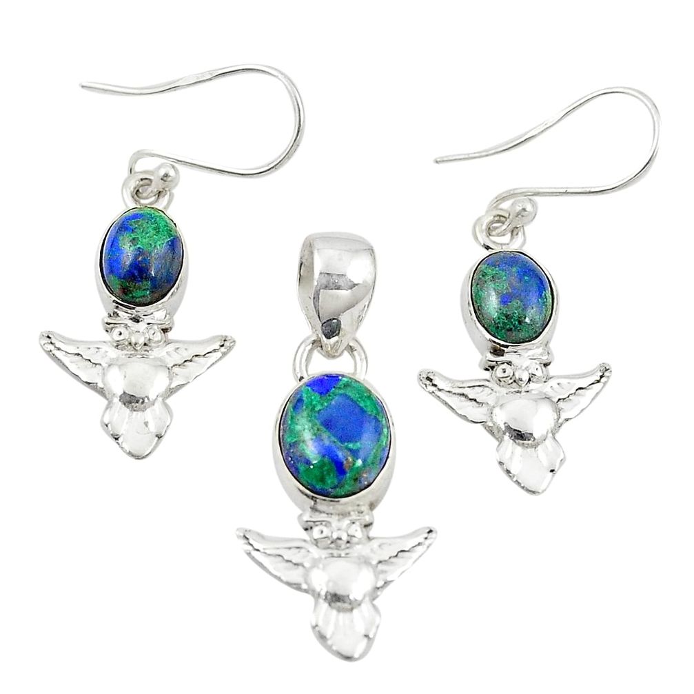 Natural green azurite malachite 925 silver owl pendant earrings set m25636