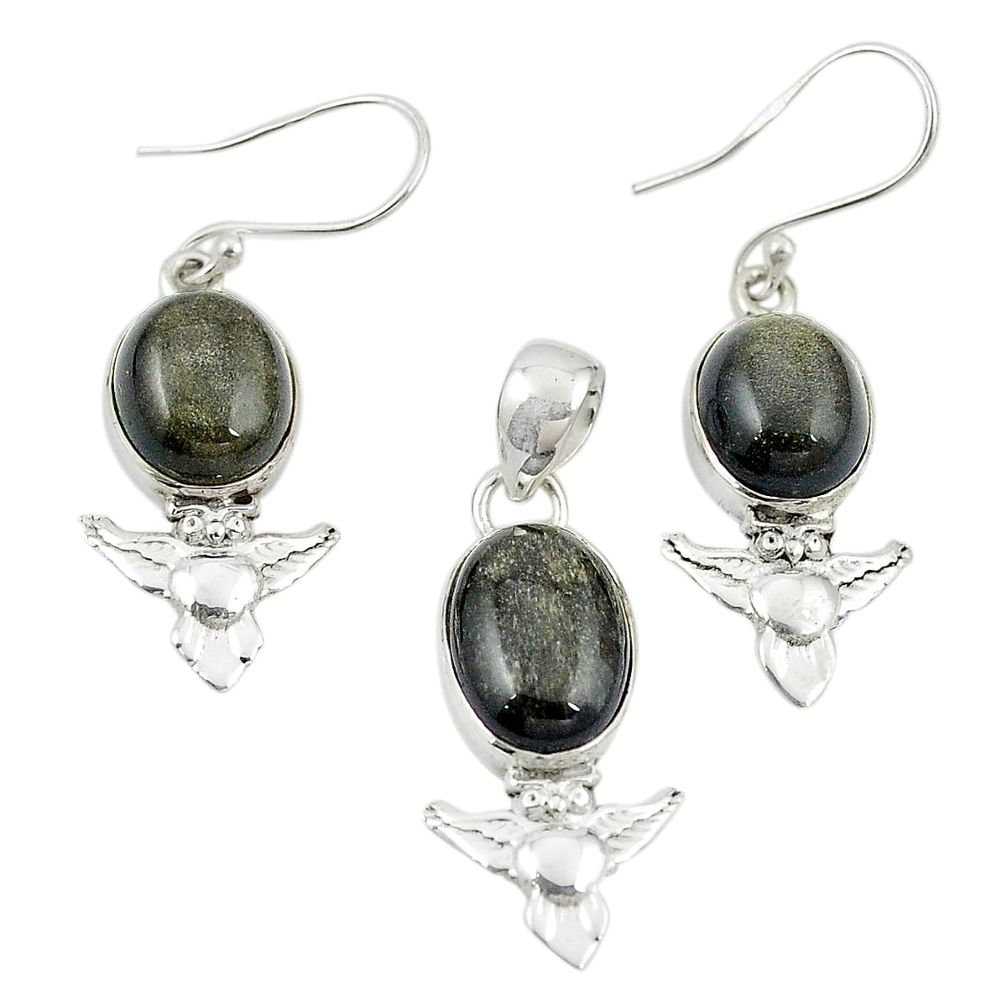 Natural golden sheen black obsidian 925 silver pendant earrings set m25641