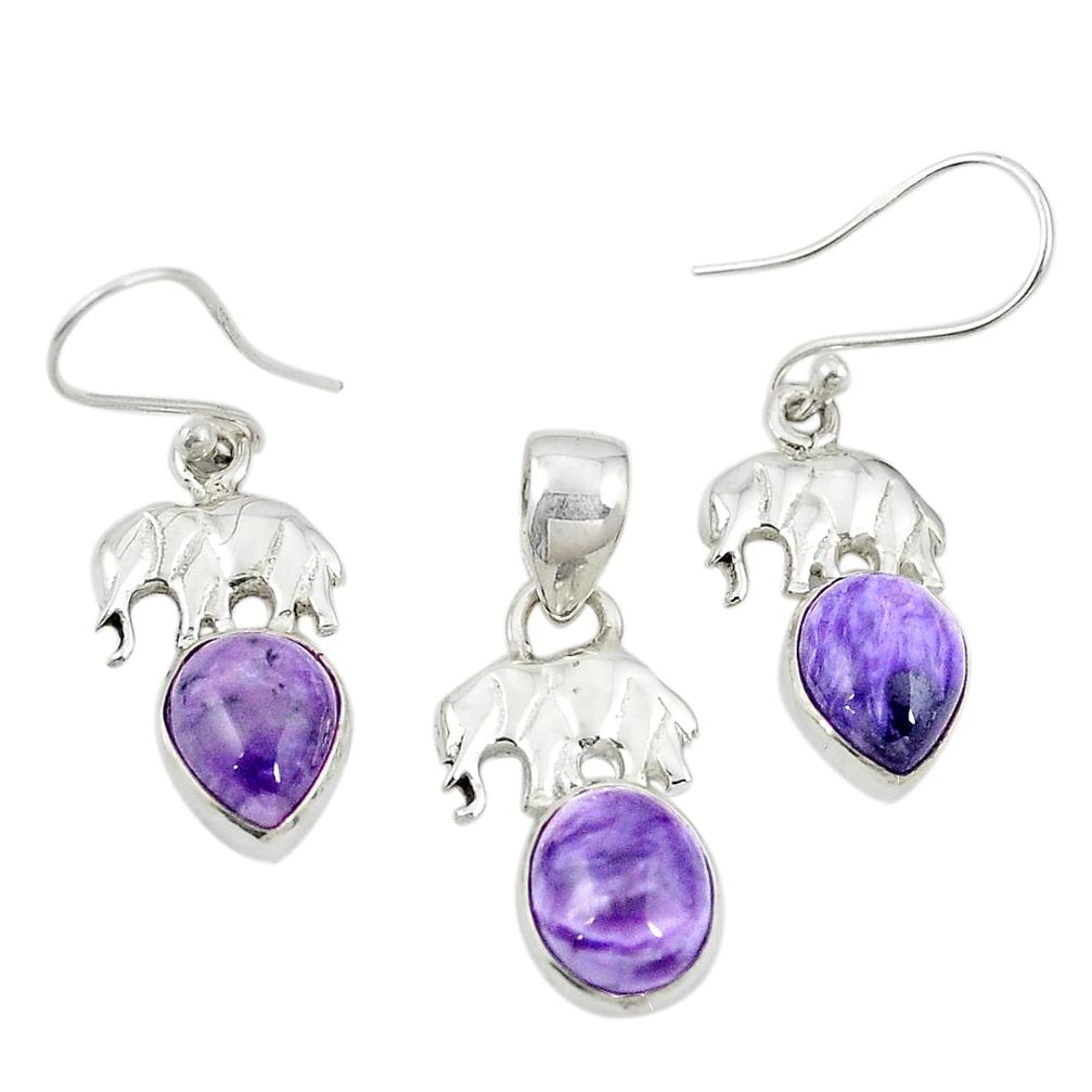 925 silver natural purple charoite (siberian) pendant earrings set m25648