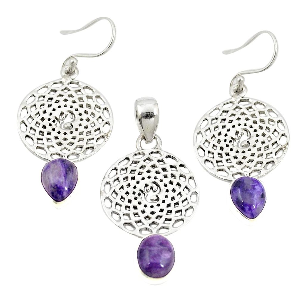 Natural purple charoite (siberian) 925 silver pendant earrings set m25650