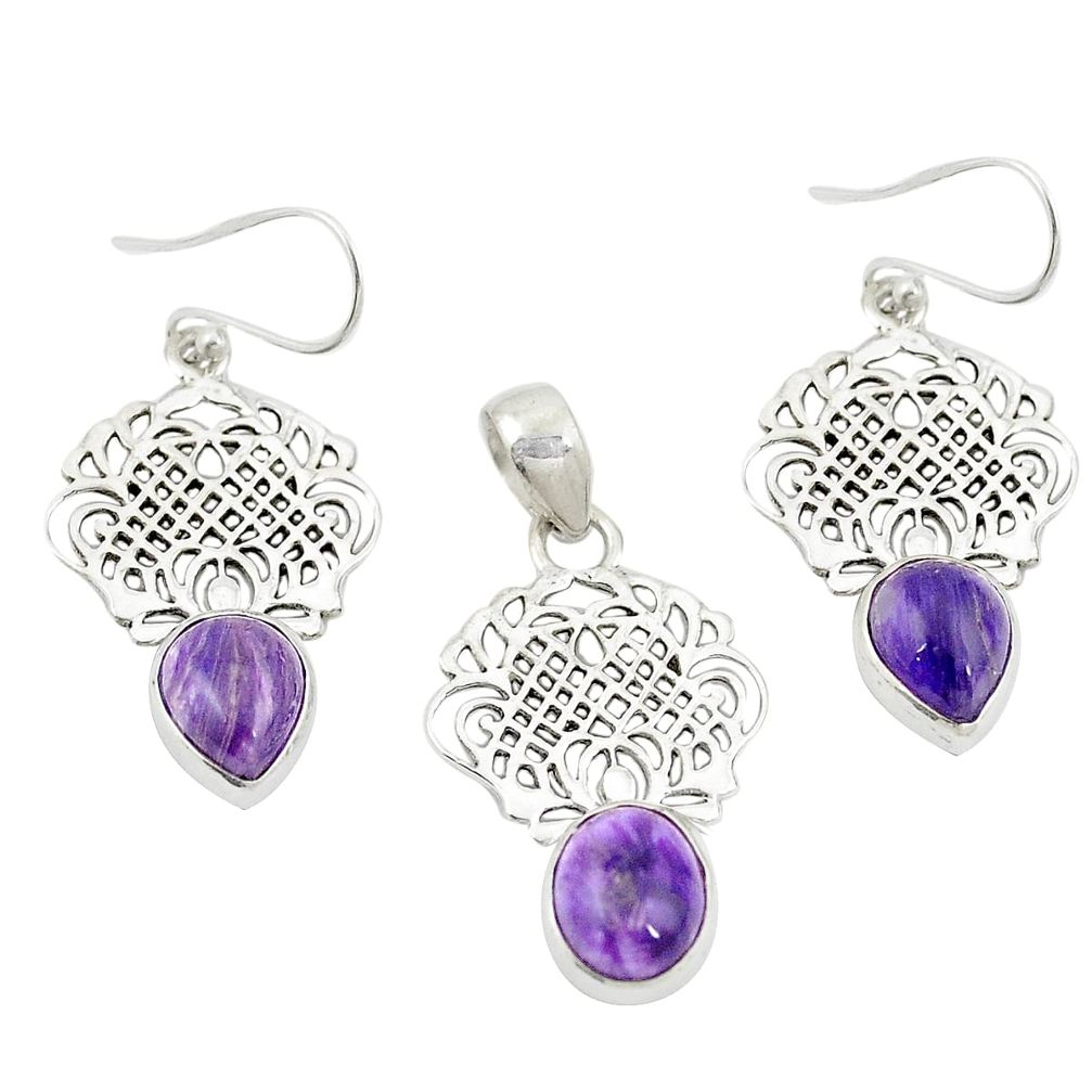 Natural purple charoite (siberian) 925 silver pendant earrings set m25652