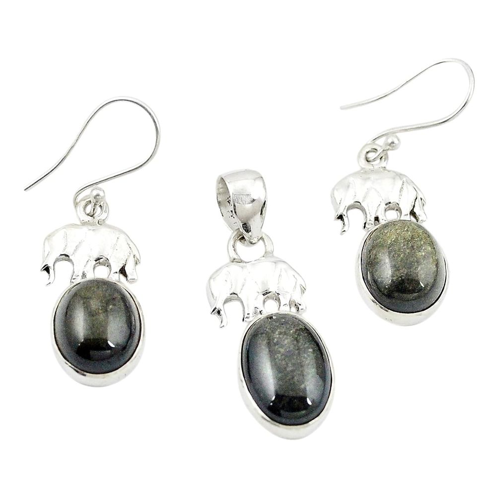 Natural golden sheen black obsidian 925 silver pendant earrings set m25653
