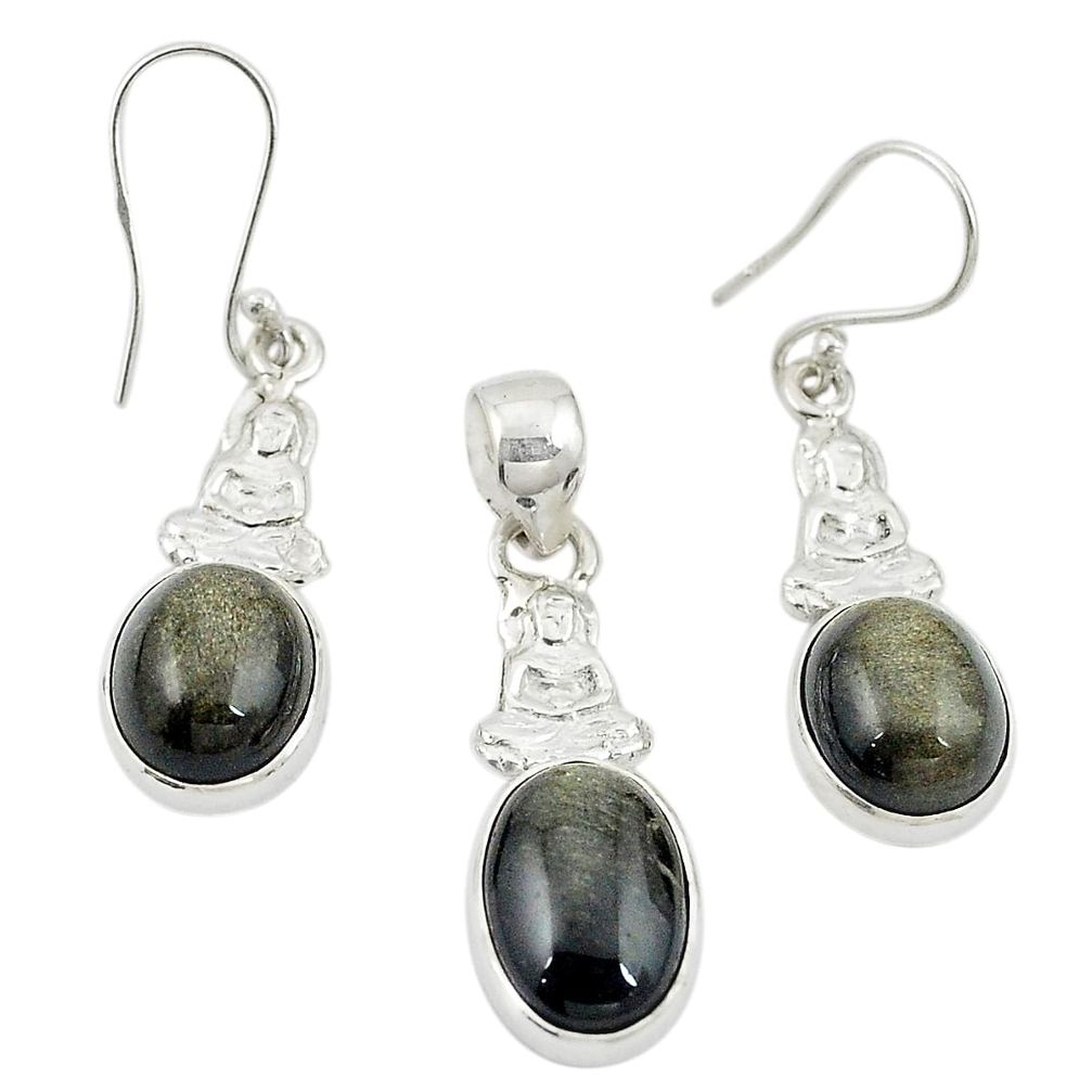 Natural golden sheen black obsidian 925 silver pendant earrings set m25658