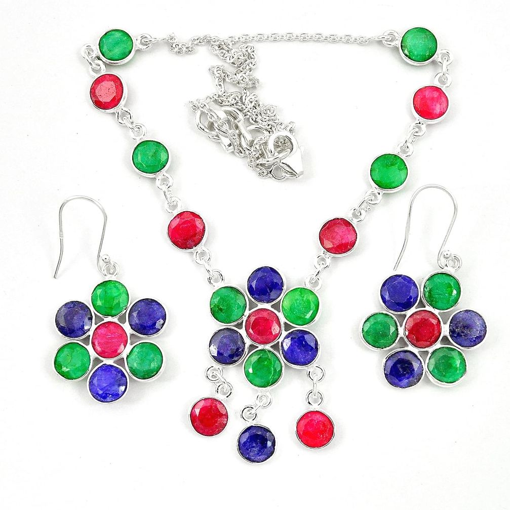 Natural red ruby emerald 925 silver earrings necklace set m44081